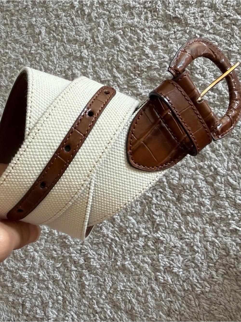 Ralph Lauren Women’s Canvas Belt with Brown Leather Trim - Cream